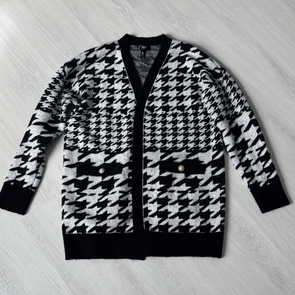 Aqua Black and White Houndstooth Cardigan